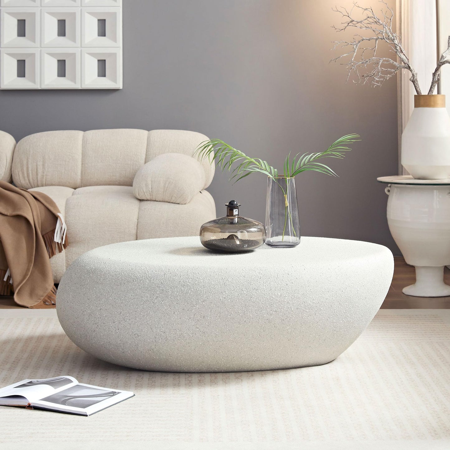 KEIKI 43" Fiberglass Elliptical Matte Coffee Table with Round Edge Design, Modern Style Irregular Center Coffee Table, No Assembly Required, for Living Room, Bedroom, Reception Room, Beige