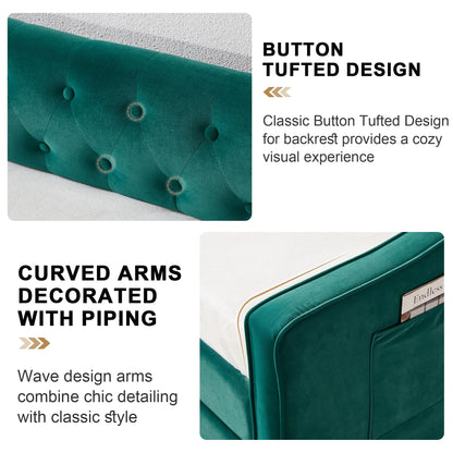 DNYN Button Tufted Design Daybed with Pop-up Trundle & USB Ports for Bedroom Guest Room, Space-Saving Twin Size Velvet Sofabed Frame with Side Storage Pockets, No Box Spring Needed/Easy Assemble