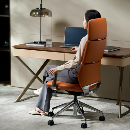 TOMU Executive Leather Office Chair, Top Grain Genuine Leather Executive Chair High Back with headrest, Adjustable Tilt & Height, Ergonomic Swivel Chair with Wheels (Orange)