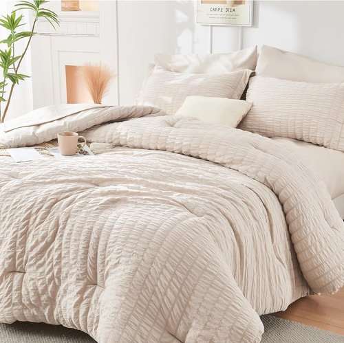 HYMOKEGE Queen Comforter Set - Beige Oversized 7-Piece Seersucker Luxury Bedding | All-Season Comforter, Sheets & Pillowcases