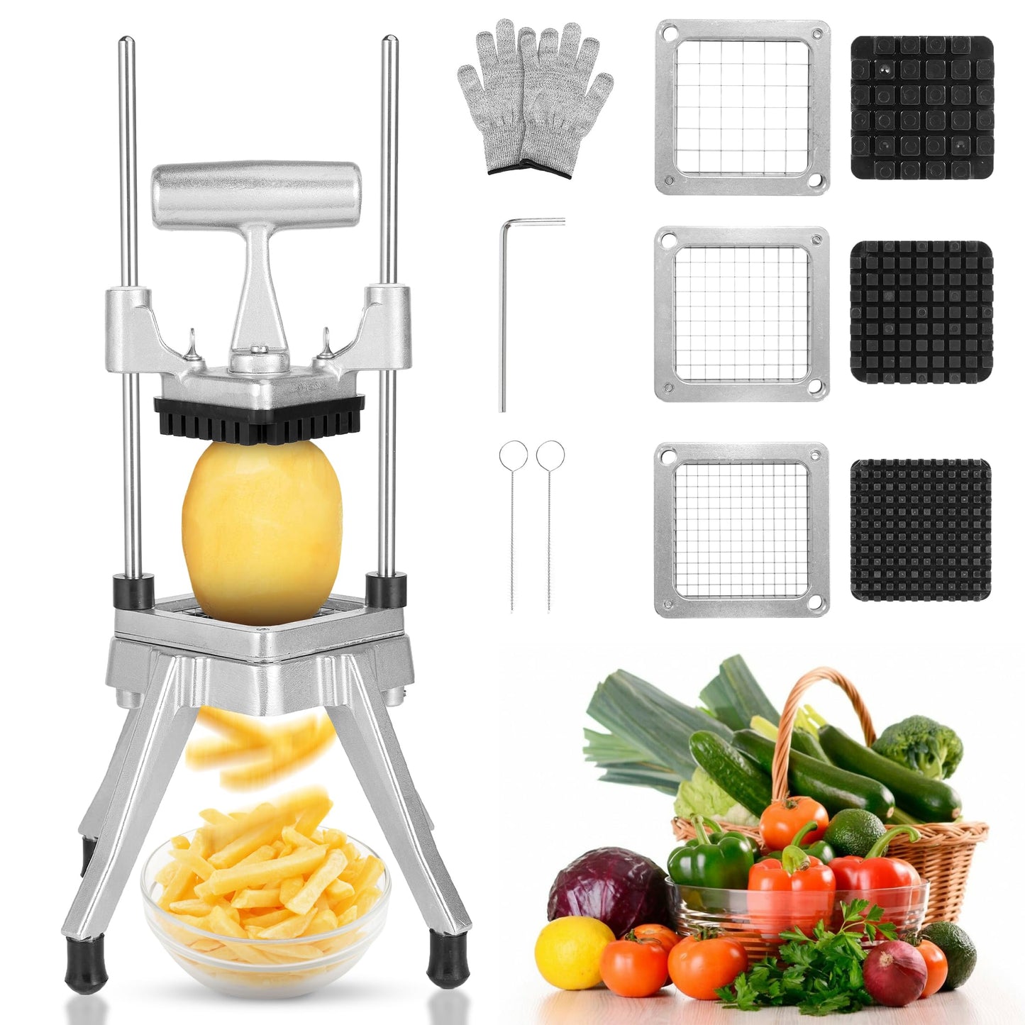 WICHEMI Commercial Chopper Vegetable Cutter Fruit Dicer w/3 Blades Commercial Onion Chopper Dicer Professional Food Dicer Heavy Duty Stainless Steel French Fry Cutter for Home Kitchen Restaurant Use