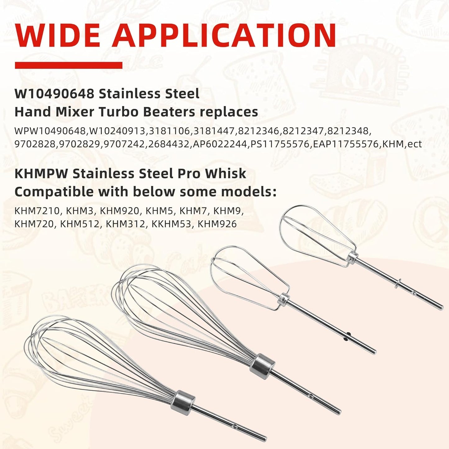 Fetechmate KHM2B Hand Mixer Turbo Beaters (2 Pack) & KHMPW Stainless Steel Pro Whisk (2 Pack) - Replace AP5644233