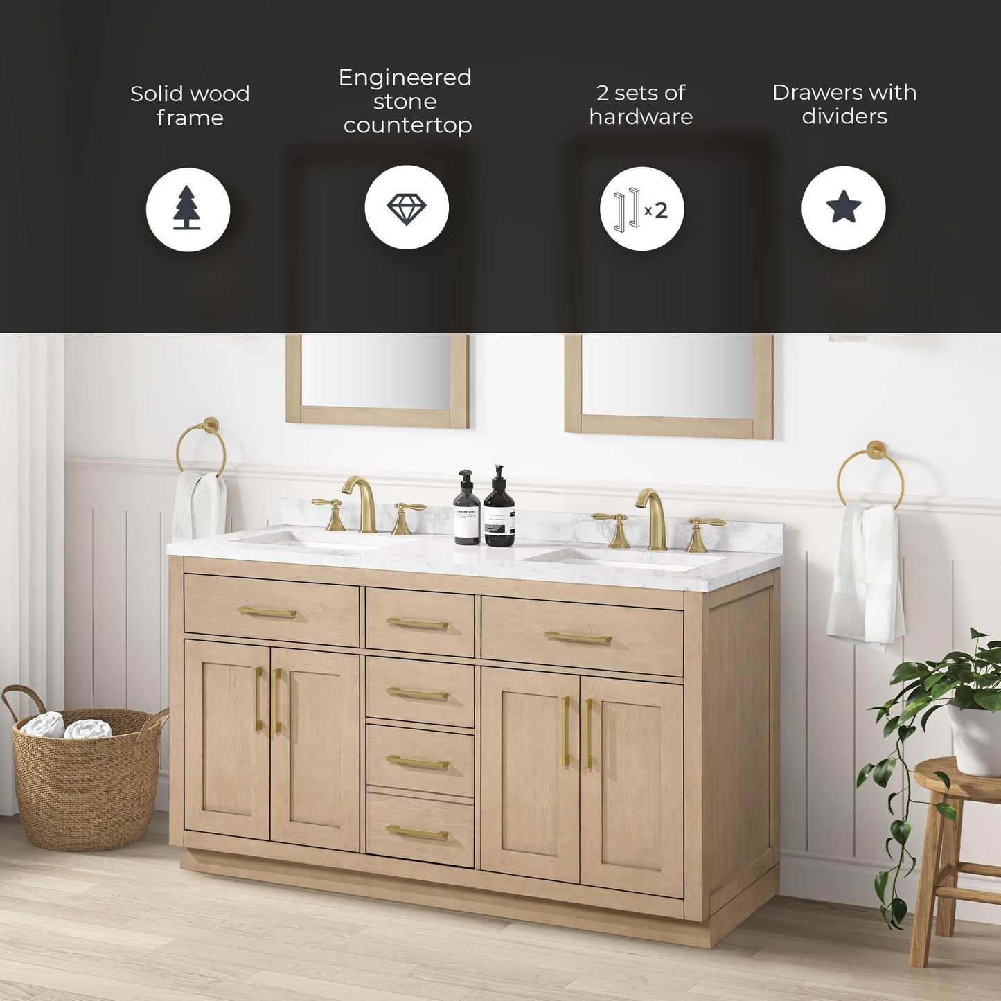 OVE Decors Athea 60 in. Double Sink Freestanding Sahara Birch Bathroom Vanity with White Engineered Marble Top, Matching Backsplash, Power Bar and Brushed Gold Hardware