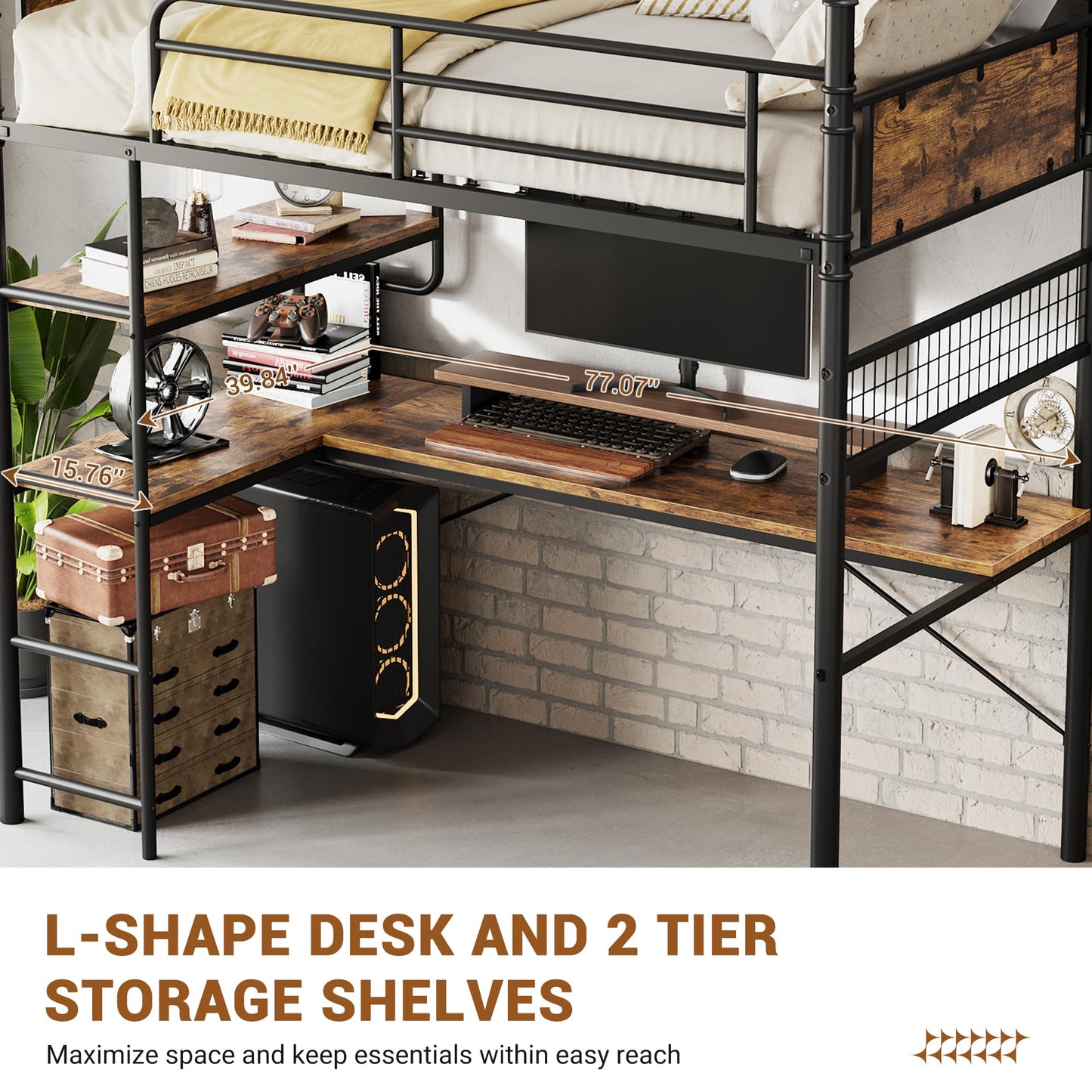 IDEALHOUSE Loft Bed Twin Size with l-Shaped Desk, Metal Bunk Bed with 2 Open Shelves and Decorative Mesh, Twin Loft Bed with 13.4" h Safety Guard & Ladder,No Box Spring Needed,Brown