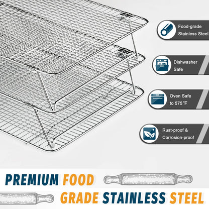 HIWARE Oven-Salf Collapsible Cooling Rack for Baking, 3 Tier 12”x 16.5”, Stainless Steel and Fit Half Sheet, Stackable Wire Cooling Racks for Cookie, Pizza, Cake