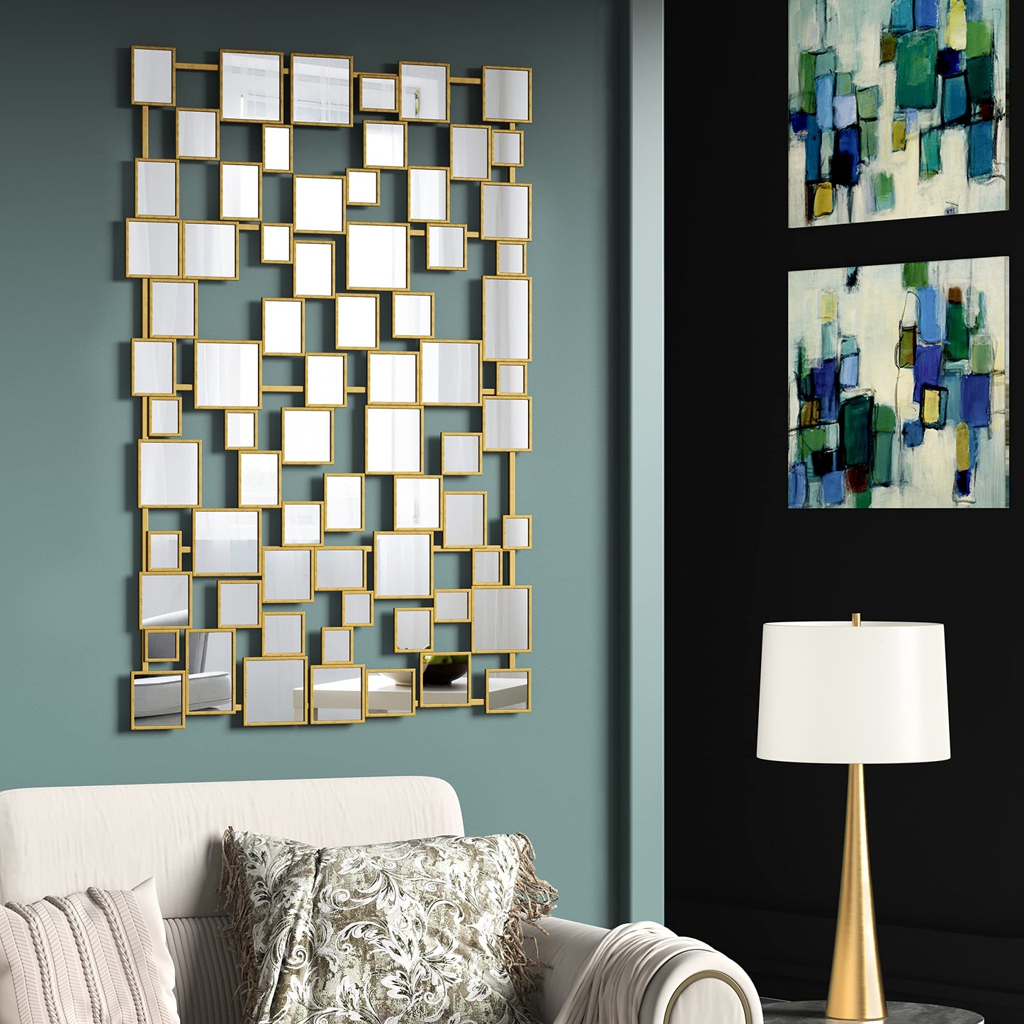 NXHOME Gold Modern Wall Mirror - 45"×30" Large Metal Framed Decorative Mirror, Unique Mosaic Design Wall Mirrors for Living Room Entryway Hallway Home Art Decor