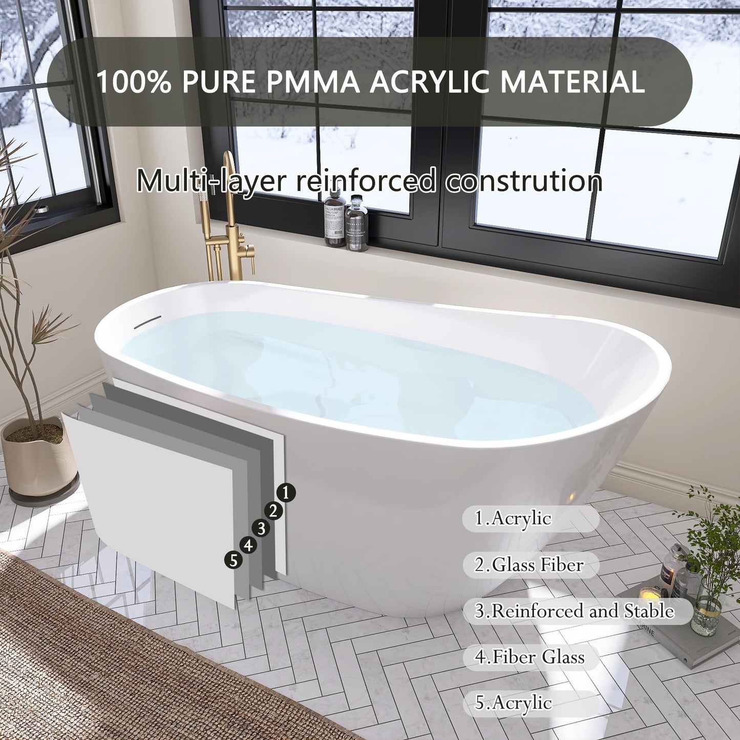 59" Free Standing Tub, Pure Acrylic Freestanding Bathtub, Stylish Stand Alone Contemporary Deep Soaking Bath Tub, cUPC Certified SY9950 (Glossy White)
