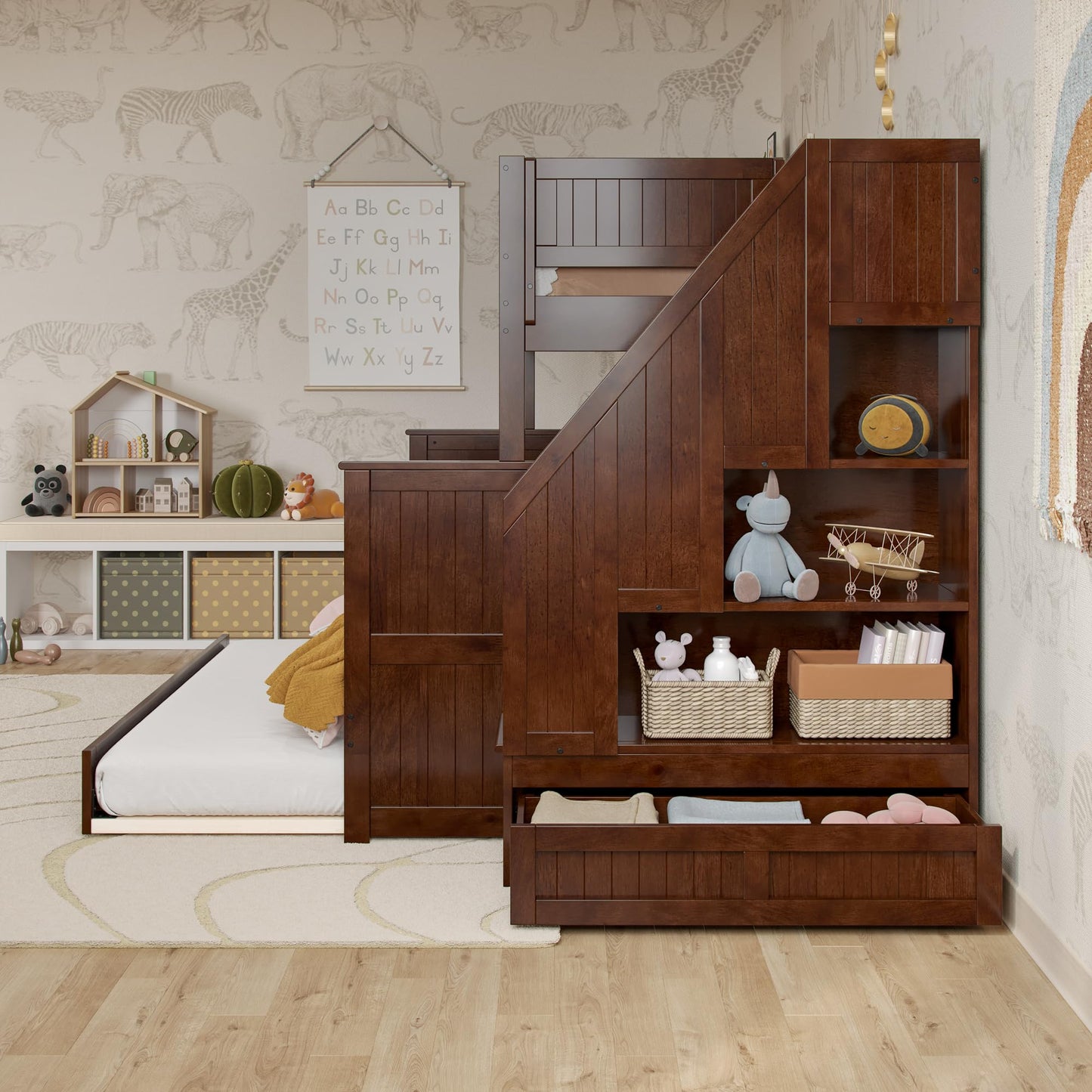 AFI, Dover Twin Over Full Staircase Bunk Bed with Storage Drawer and Twin Trundle, Walnut