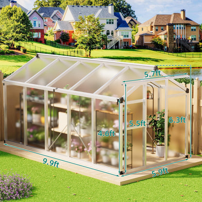 Garvee 6x10 FT Greenhouse - Aluminum Greenhouses for Outdoors, Large Polycarbonate Greenhouse with Roof Vent, Heavy Duty Walk-in Green Houses for Outside Garden, Backyard, Patio, Lawn, Easy Assembly