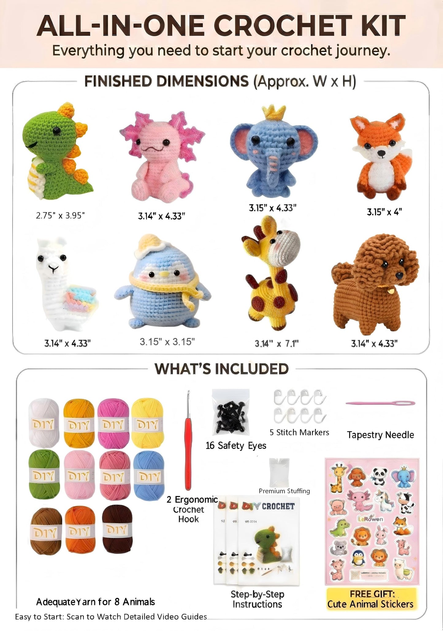 LeRoWen Animal Crochet Kit for Beginners - Makes 8 Animals, DIY Amigurumi Craft Set with Yarn, Hooks & Video Tutorials - Gifts for Adults, Women & Mom