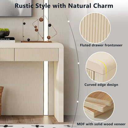 Merax Rustic Console Table with 3 Fluted Drawers,Solid Wood Veneer Entryway Table Featuring Natural Wood Grain for Living Room, Hallway,Apricot