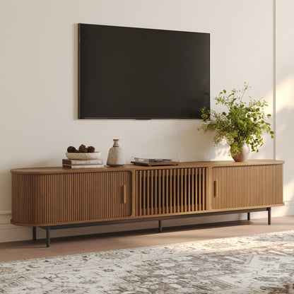 POVISON Fully-Assembled Mid Century Modern TV Stand for 75+ inch TV, Sliding Door Entertainment Center with Storage, Wood TV Console, Media Console for Living Room Bedroom(Walnut, 94.49")