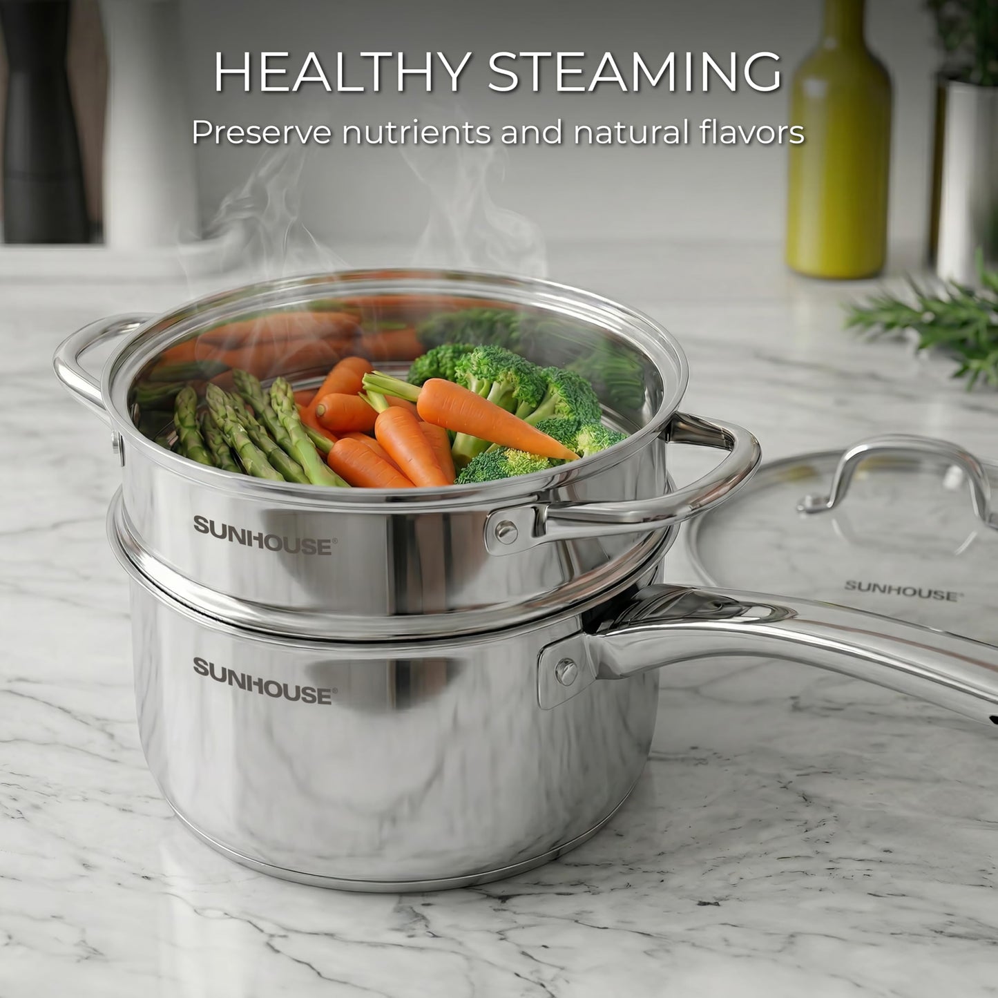 SUNHOUSE Stainless Steel Sauce Pan with Lid - Tri-Ply 2 Quarts Steamer for Cooking, Small Cooking Pot with Steamer Basket, Induction Compatible Steam Pot for Vegetable