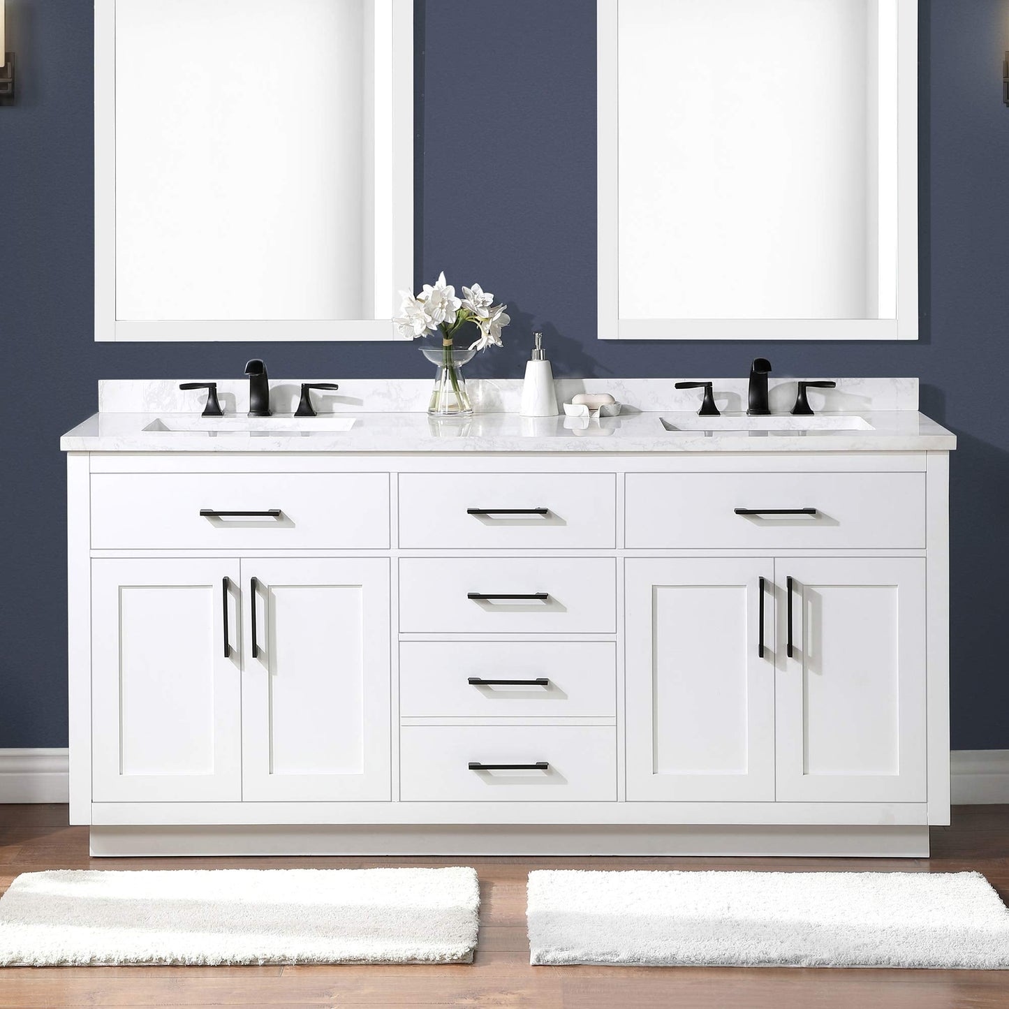 OVE Decors Athea 72" Double Undermount Sink Bathroom Vanity with Cultured Marble Countertop, Backsplash, Power Bar, in White Finish