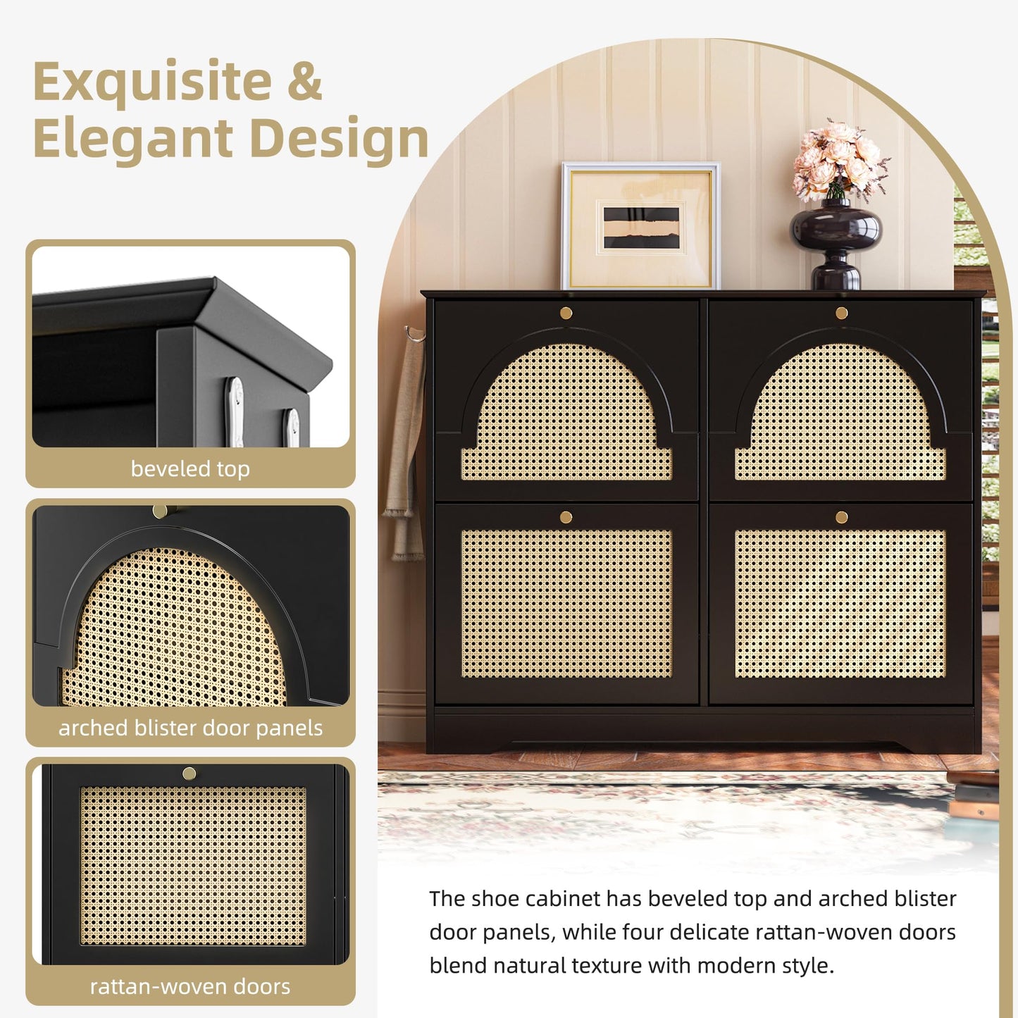 Merax Shoe Cabinet Storage with 4 Flip Drawers, Free Standing Shoes Organizer with 4 Rattan Doors for Entryway, Narrow Tipping Bucket Rack, with 2 Hooks, Black
