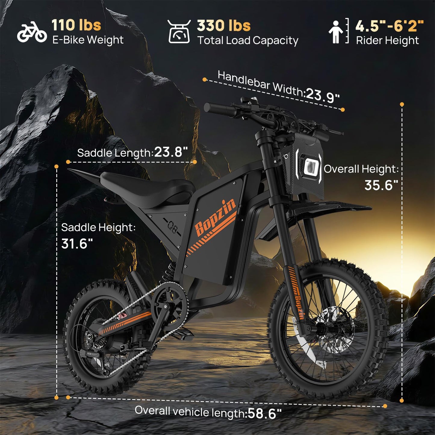 Bopzin Electric Dirt Bike for Teens & Adults - Peak 2600W 38MPH, 14"/12" Tires Agile Off-Road eMotorcycle, 60V 23AH 100+ Miles Range eBike, Full Suspension & Hydraulic Brakes, UL2849 Certified