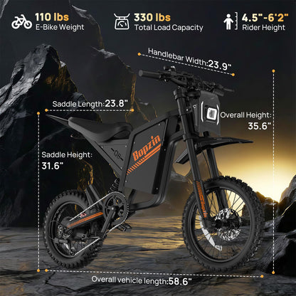 Bopzin Electric Dirt Bike for Teens & Adults - Peak 2600W 38MPH, 14"/12" Tires Agile Off-Road eMotorcycle, 60V 23AH 100+ Miles Range eBike, Full Suspension & Hydraulic Brakes, UL2849 Certified