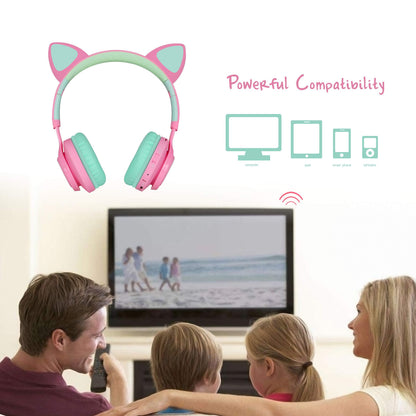 Riwbox CT-7 Cat Ear Bluetooth Headphones, LED Light Up Bluetooth Wireless Over Ear Headphones with Microphone and Volume Control for Travel/School/Smartphones/Laptop/PC/TV (Pink&Green)