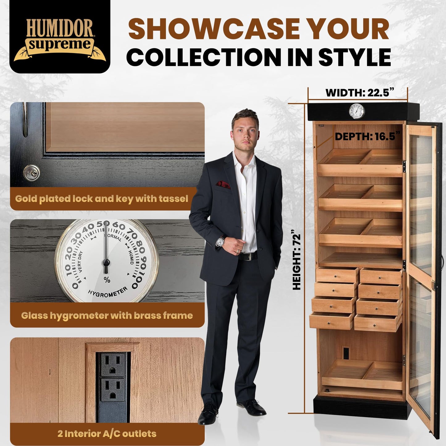 Humidor Supreme Black Tower Humidor with Adjustable Shelves and Drawers | Large Capacity Cigar Cabinet with Tempered Beveled Glass Door, Hygrometer, and Dried Spanish Cedar Lining - Holds 3000 Cigars