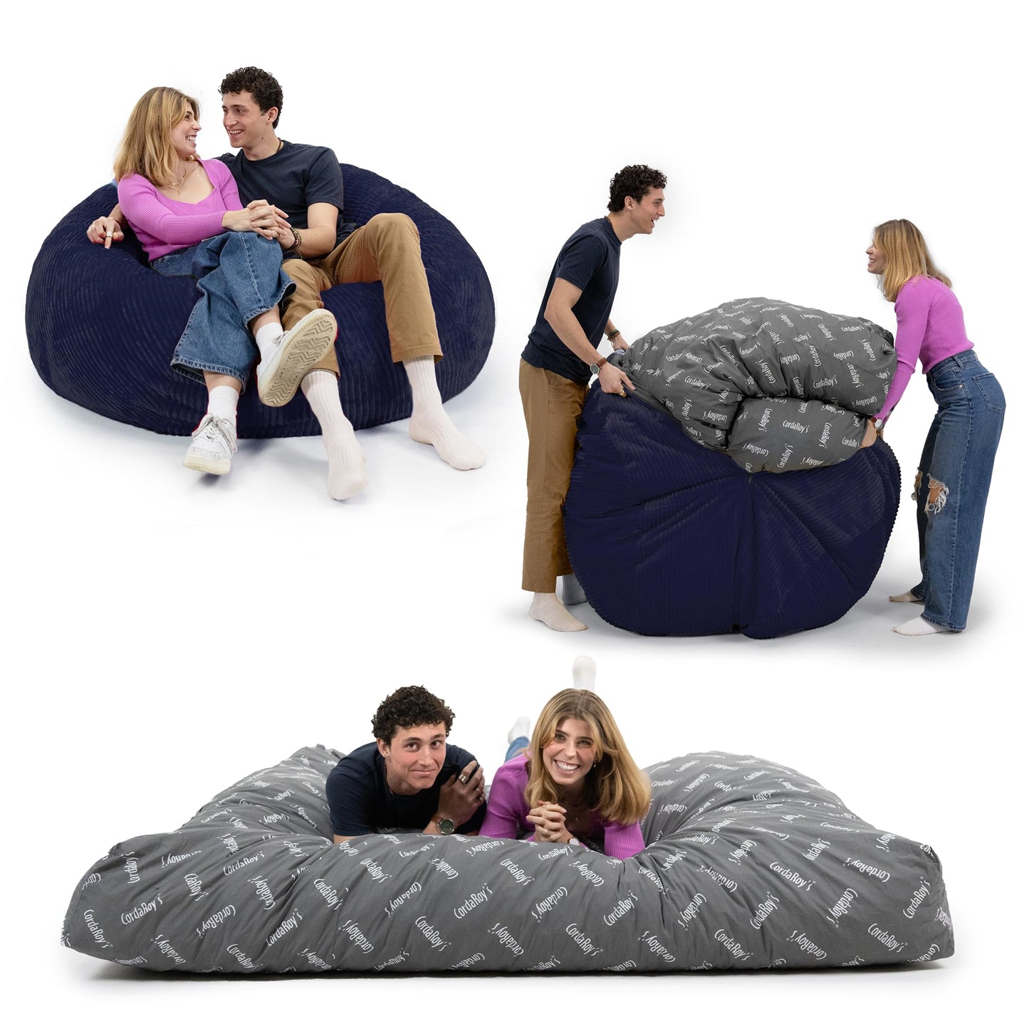 CordaRoy's Plush Bean Bag - Convertible Bean Bag Chair - Machine-Washable Plush Fabric Cover - for Basement, Living Room, Game Room, Dorm & More - Queen Size - Indigo | Made in The USA