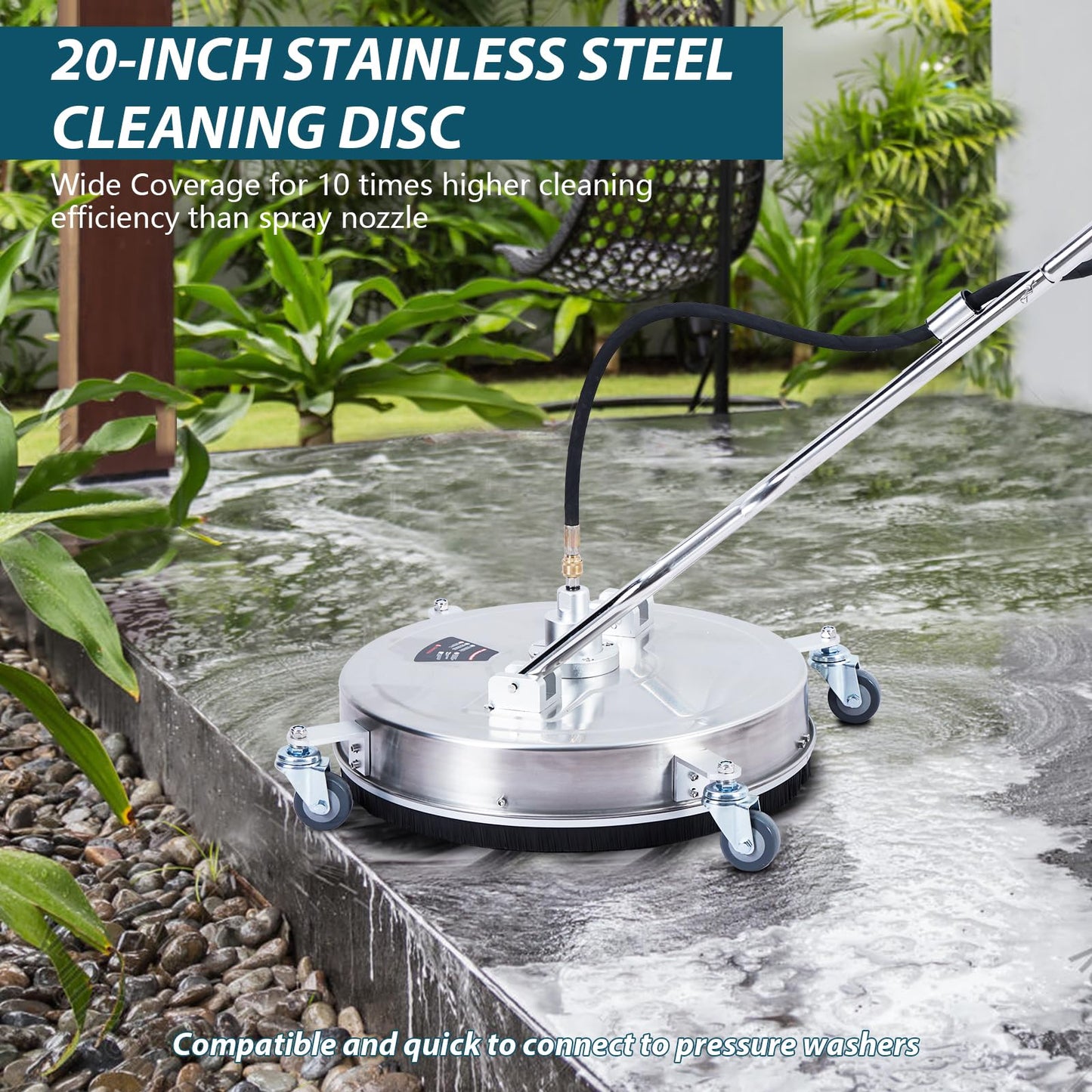 Pressure Washer Surface Cleaner w/Handles & Wheels, Stainless Steel Concrete Cleaner 4000 Max PSI, 3/8" Connector & 1/4" Adapter Power Washer Floor Attachment for Driveways, Sidewalks,Patios,Deck