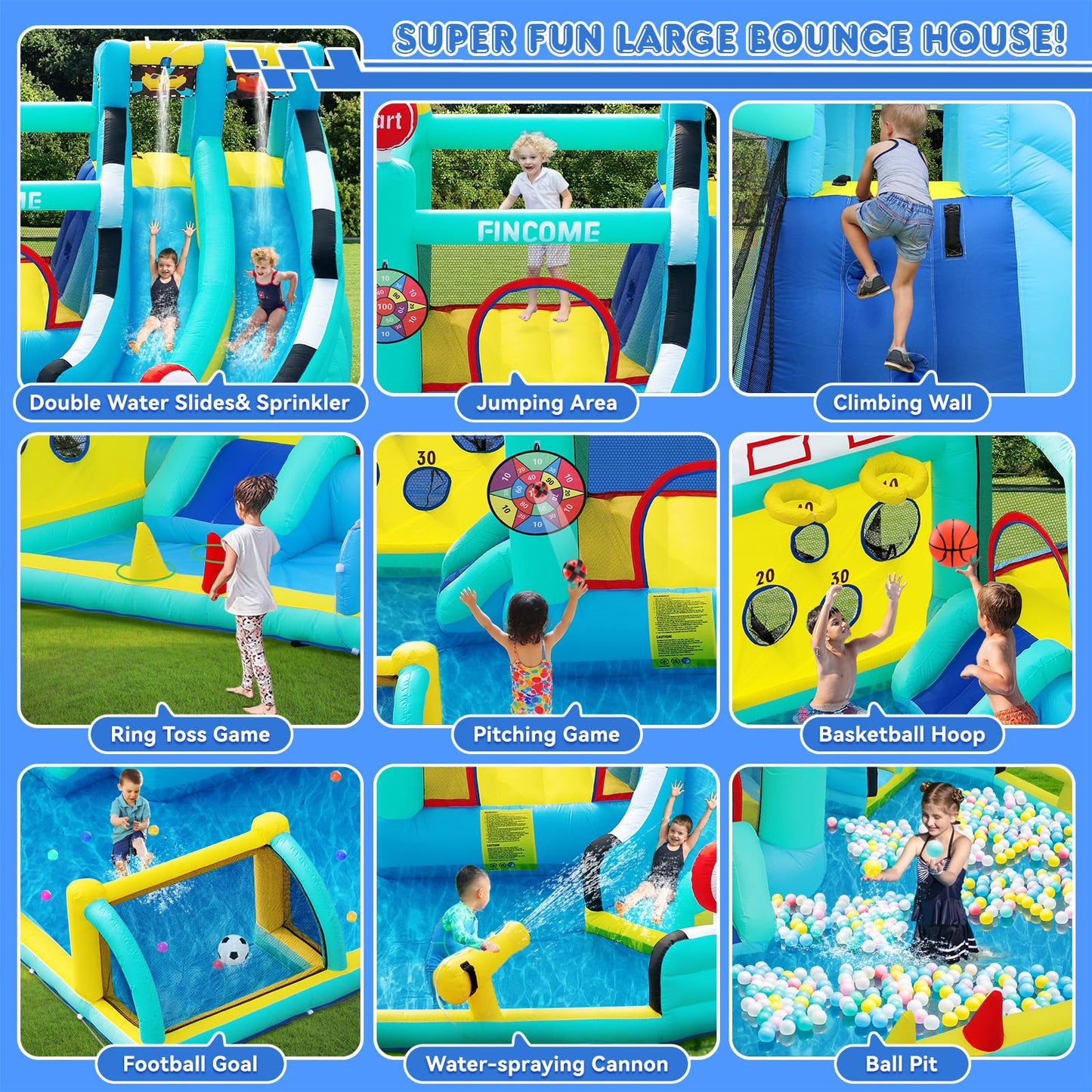 FINCOME Bounce House Double Slides for Kids 3-10, Large Bounce Castle with Air Blower 550W, Pool, Jumping, Climbing, Balls, Ring Toss, Inflatable Water Park for Birthday Party Holiday Outdoor Indoor