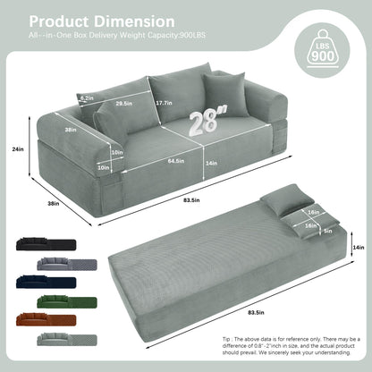 83" Modern Sofa in a Box, No Assembly Oversized 3 Seater 28" Deep Seat Cloud Sofa Bed Couch with 4 Furry Pillows & Corduroy Fabric, Boneless Couch with Side Storage Pockets for Living Room, Light grey