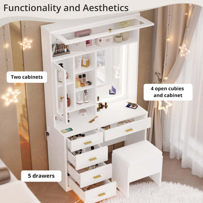 IRONCK Vanity Desk with Lighted Mirror and 5 Drawers and Cabinet Shelves, 74.4" Height Makeup Table Set with Stool, Large Storage and Space Saving, White