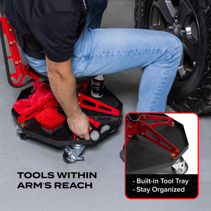 Vyper Robust Steel Sport Shop Chair for Mechanics, Automotive, DIY - Made in USA - 300 lb Capacity Garage Stool with Backrest & Large Wheels (Black Seat, Red Frame)