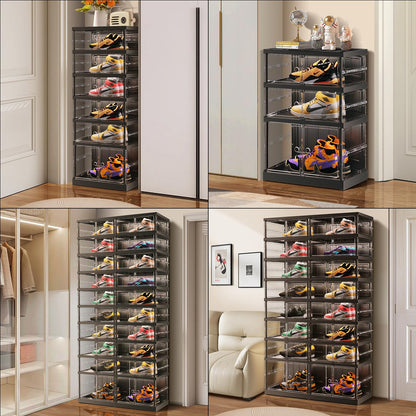 EHAMILY 8 Tiers 16-32 Pairs Foldable Shoe Boxes Large Plastic Shoe Storage Rack Collapsible Shoe Organizer for Closet Clear Stackable Shoes Shelf Storage Cabinet with Doors Quick Assembly Black