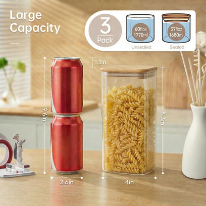 57oz - 3 Pack Square Glass Jars with Bamboo Lids, Glass Food Storage Containers with Airtight Lids for Kitchen, Air Tight Pantry Storage Containers for Cereal, Pasta, Rice, Sugar, Coffee, Spice