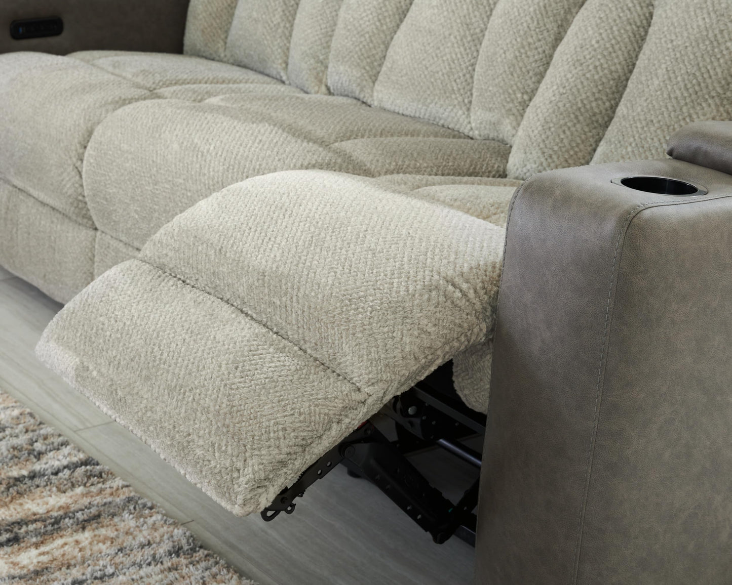 Signature Design by Ashley Point Clear Transitional Faux Leather Power Reclining Sofa with Drop Down Table, Lumbar Massage, LED Lights and Adjustable Headrest, Gray & Beige