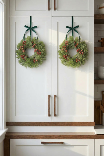 Fuxdre 2 Pcs Christmas Candle Rings Wreaths, 10 Inch Candle Wreath with Artificial Red Berries and Cedar, Christmas Candle Holder Indoor Decor for Home Kitchen Cabinets Centerpieces for Tables