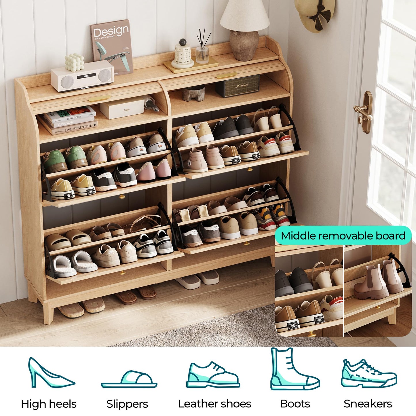 LINSY Shoe Storage Cabinet, Rattan Shoe Cabinet Wood Shoes Rack Cabinets with Sliding Tambour Door, Large Flip Drawer Shoe Cabinet Boho Hidden Shoe Storage for Entryway, Front Door, Hallway, Oak