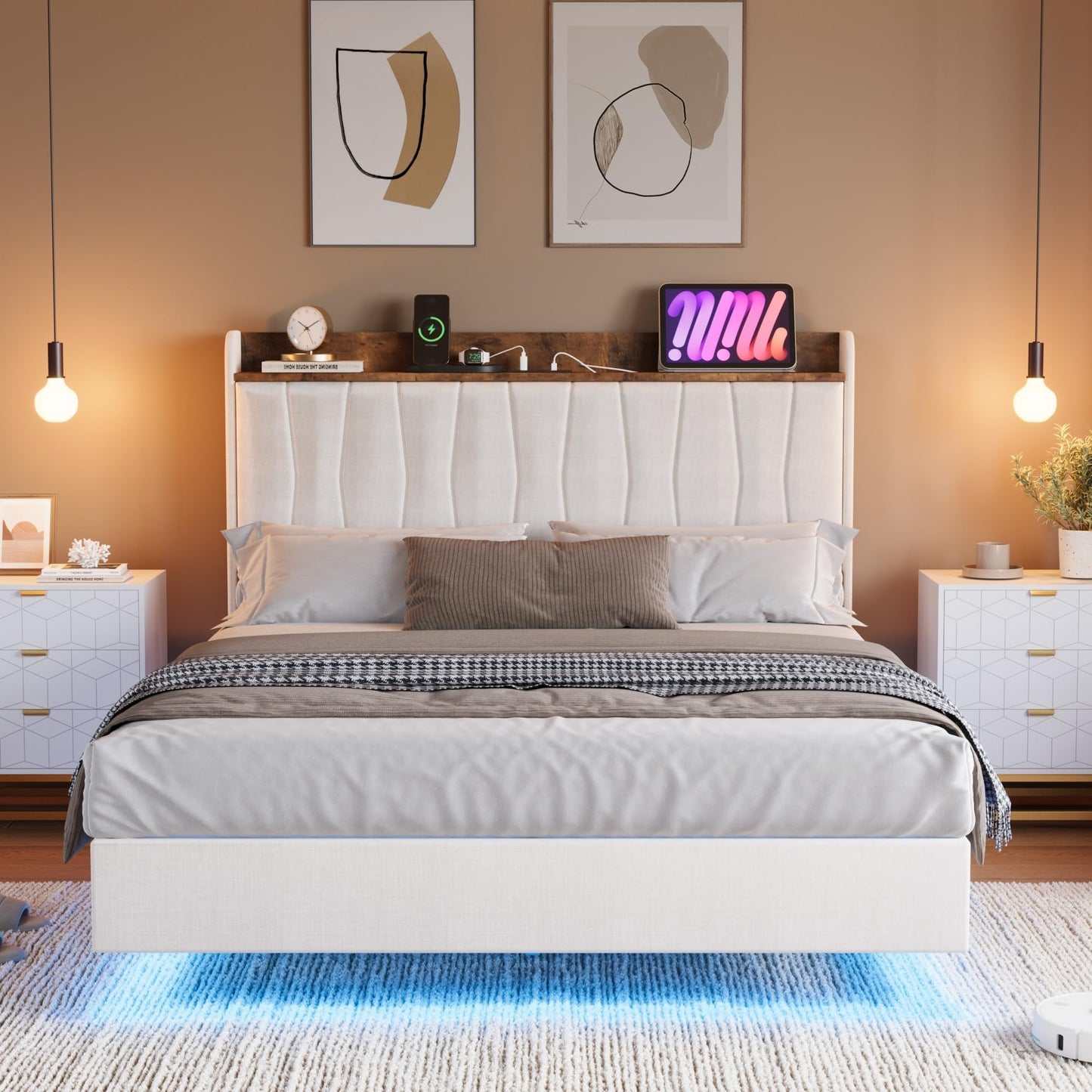 Garvee King Size Floating Bed Frame with LED Lights and Storage Headboard, King Upholstered Metal Platform Bed with Charging Station, Linen Fabric, No Box Spring Needed, Easy Assembly, White