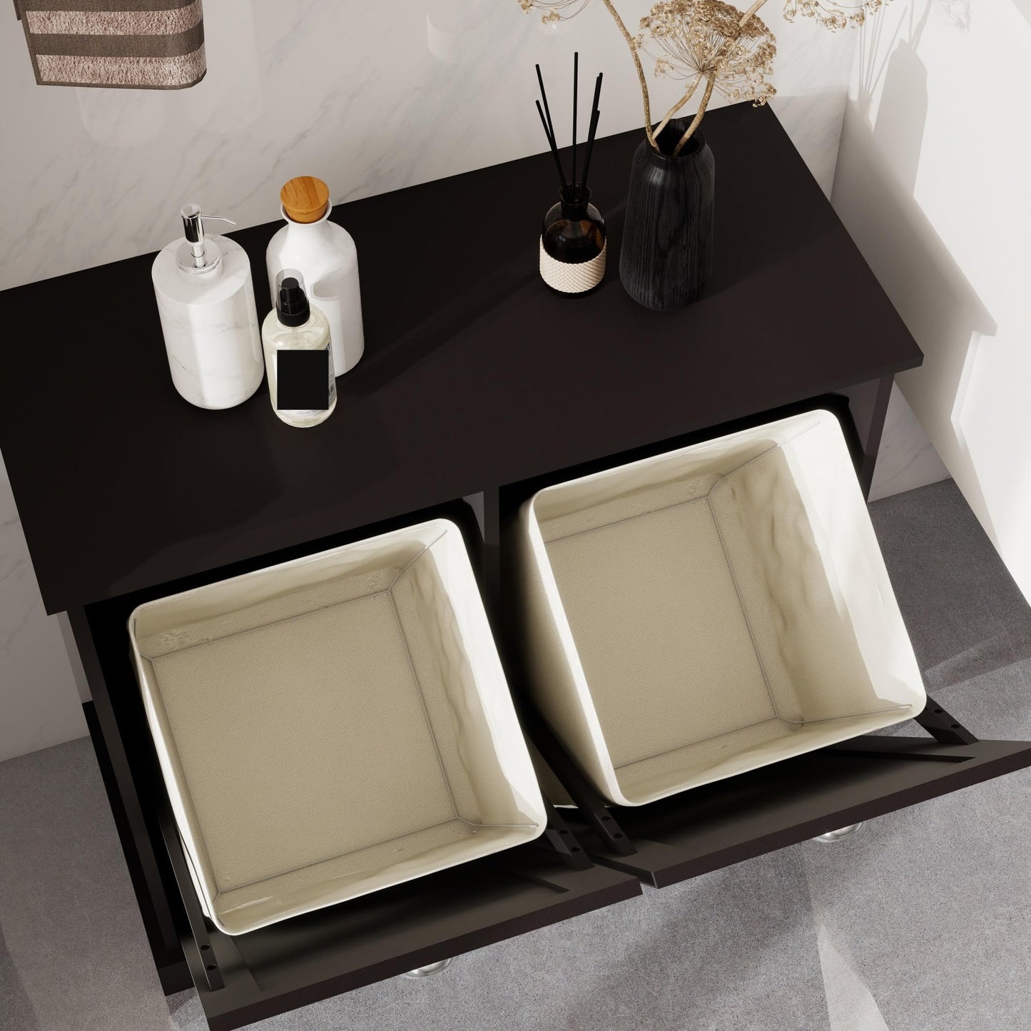 Contemporary Storage Cabinet, Two-Compartment Tilt-Out Laundry Sorter Cabinet, for Bathroom Hallway,for The Kitchen