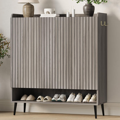 Garvee Large Shoe Cabinet with Doors, 3 Door Shoe Storage Cabinet with Adjustable Shelves & Hooks, 6 Tier Shoe Organizer Cabinet for Entryway, Hallway, Wooden Shoe Rack Cabinet for 30+ Pairs, Grey