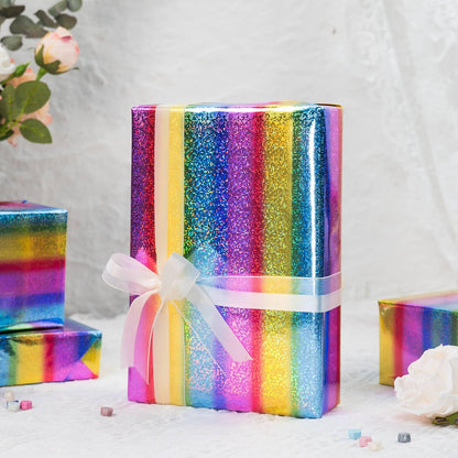 Merture 17 In X 33 Ft (46.5 sq.ft.) Rainbow Holographic Wrapping Paper Roll, Striped Glitter Gift Wrap for Disco Party, Wedding, Birthday, Christmas, Bridal Shower, Graduation