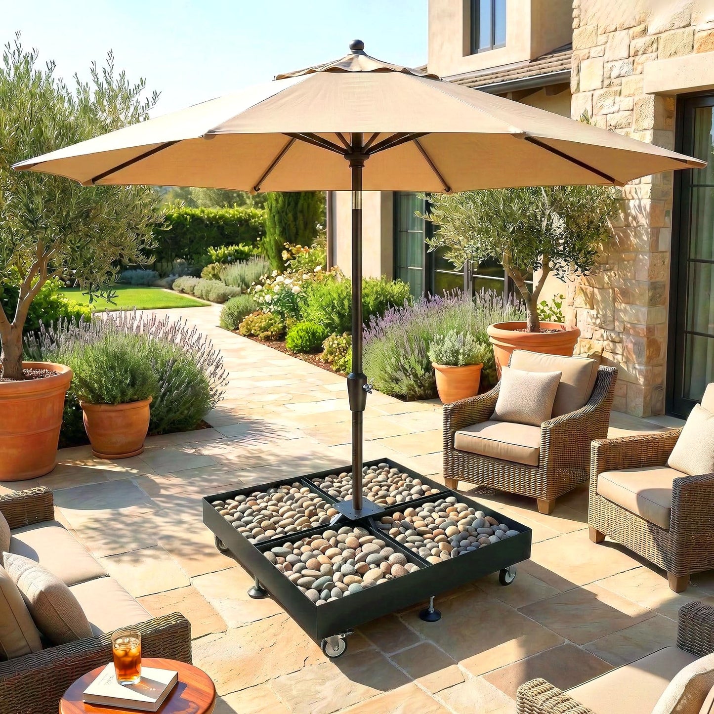 DRKSBESTO Cantilever Umbrella Base with Wheels, Heavy Duty Patio Umbrella Base Fillable with Stones, Large 37.79 Inch Square Base, Steel Frame Outdoor Stand for Offset Umbrellas