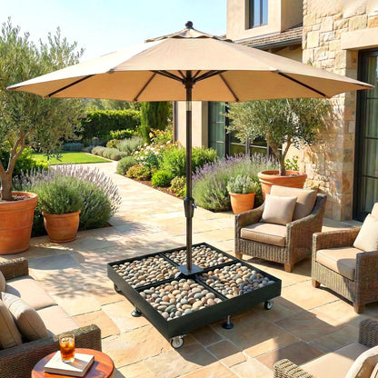 DRKSBESTO Cantilever Umbrella Base with Wheels, Heavy Duty Patio Umbrella Base Fillable with Stones, Large 37.79 Inch Square Base, Steel Frame Outdoor Stand for Offset Umbrellas