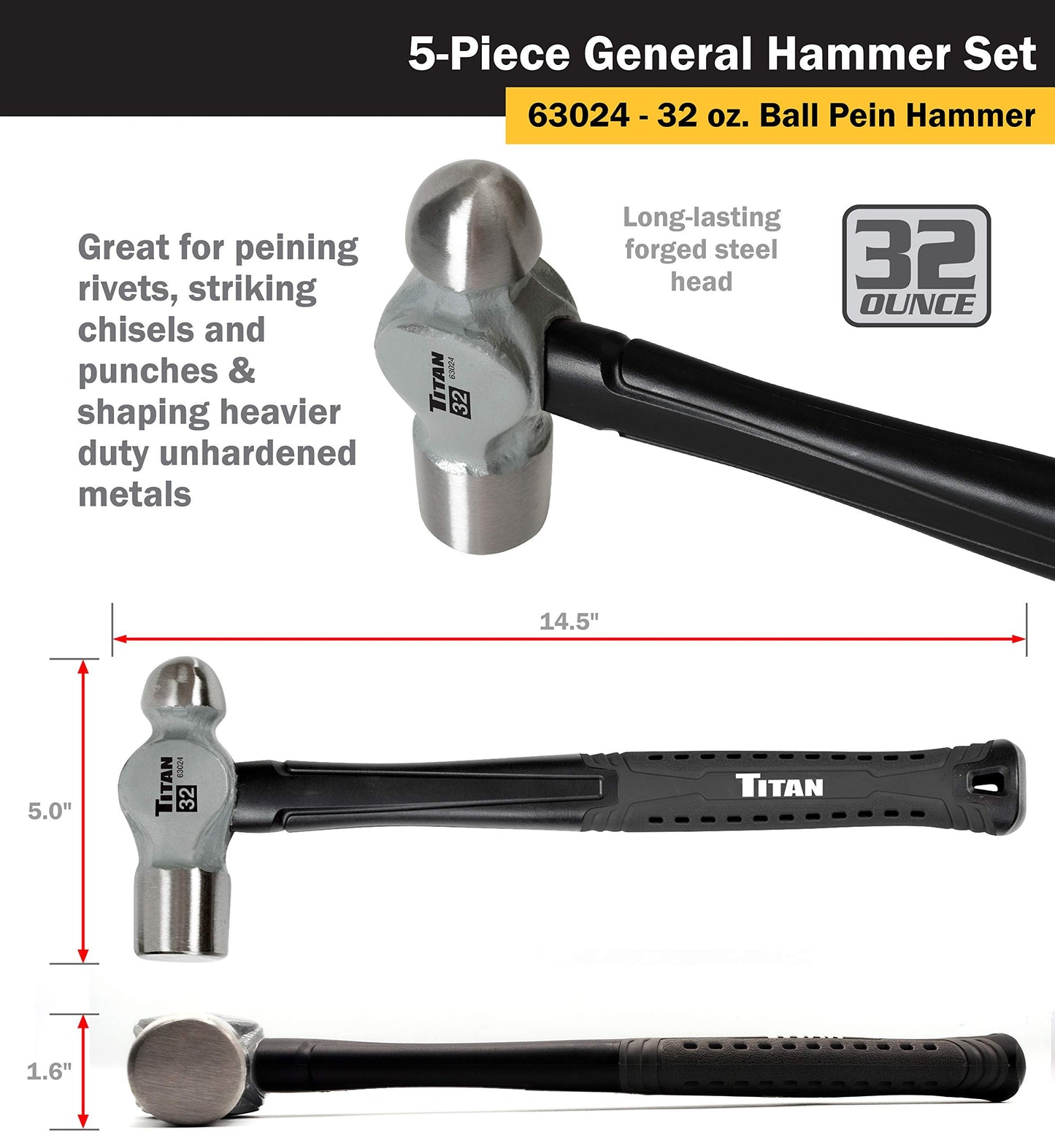 Titan 63125 5-Piece Hammer Set, Includes 16oz & 32oz Ball Pein, 32oz Rubber Mallet, 3lb Sledgehammer, & 3lb Cross Pein, Shock Absorbing Fiberglass Handles with Textured Grips