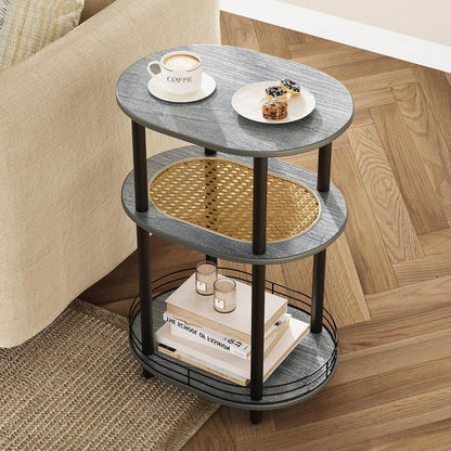 3 Tier Round Side Table with Storage, Oval End Table with Rattan Shelf & Metal Basket - Boho Nightstand, Accent Table