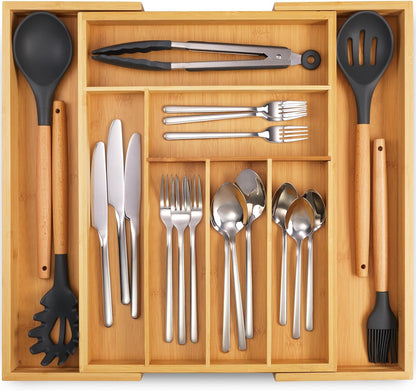Masirs Expandable Bamboo Kitchen Drawer Organizer - Durable Construction, Ideal for Silverware, Utensils, and Office
