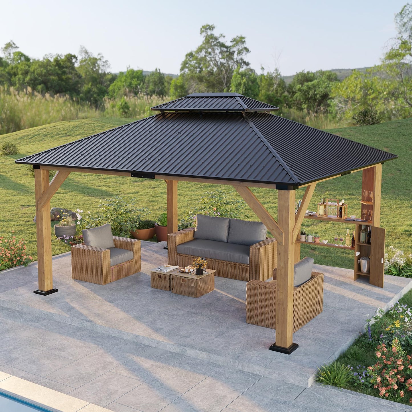 LUXOAK 13x15 Wood Gazebo, Hardtop Outdoor Gazebo with Aluminum Double Roof, Outdoor Wooden Pavilion for Parties, Backyard, Patio, Lawns, Black + Natural Wood