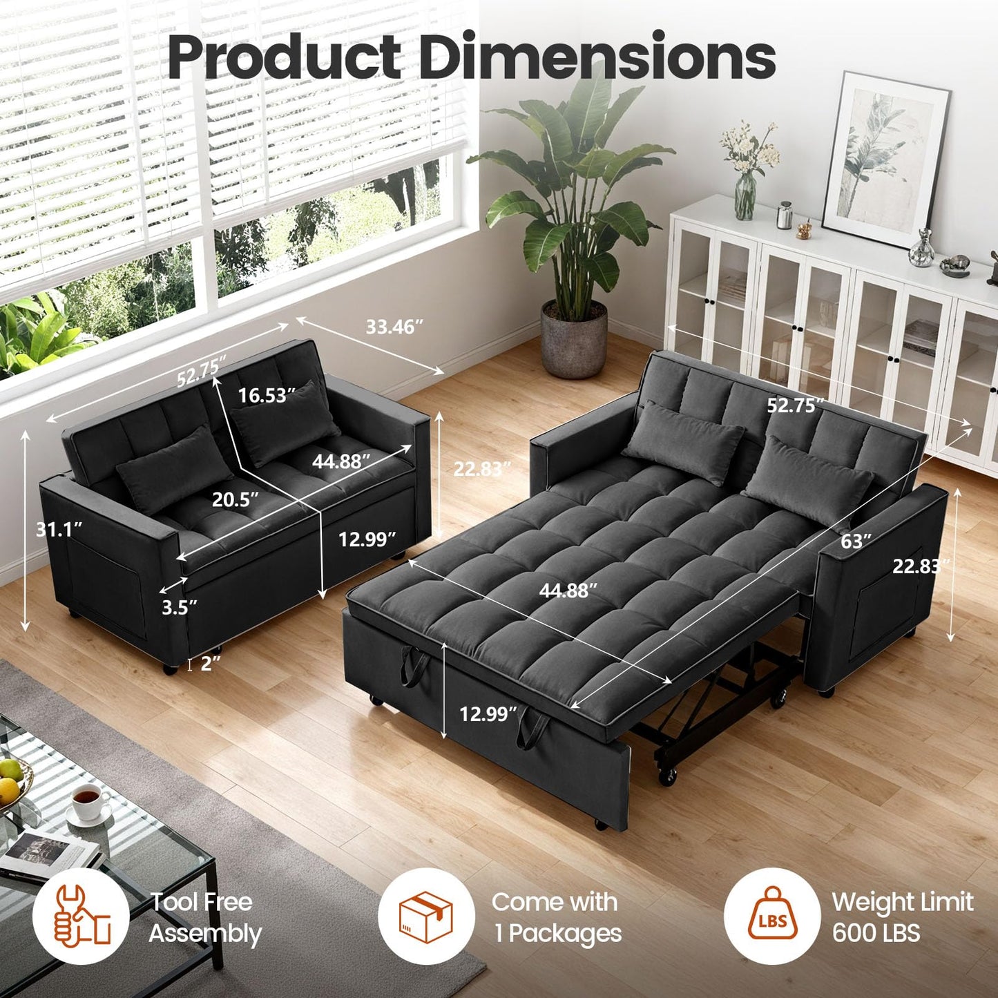 Trygoal 3 in 1 Convertible Sofa Bed, Love Seat Sleeper Bed with Side Pockets, Velvet Fabric Pull Out Couch with Adjustable Backrest for Living Room, Bedroom, Apartment, Black