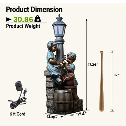 Dalxo 47-Inch Outdoor Water Fountain, 3-Tier Boy and Girl Resin Waterfall Fountain, with Soothing Water Sound & 3 Warm LED Lights, Home Decor for Garden, Patio, Yard, Deck or Lawn in Brown and Blue