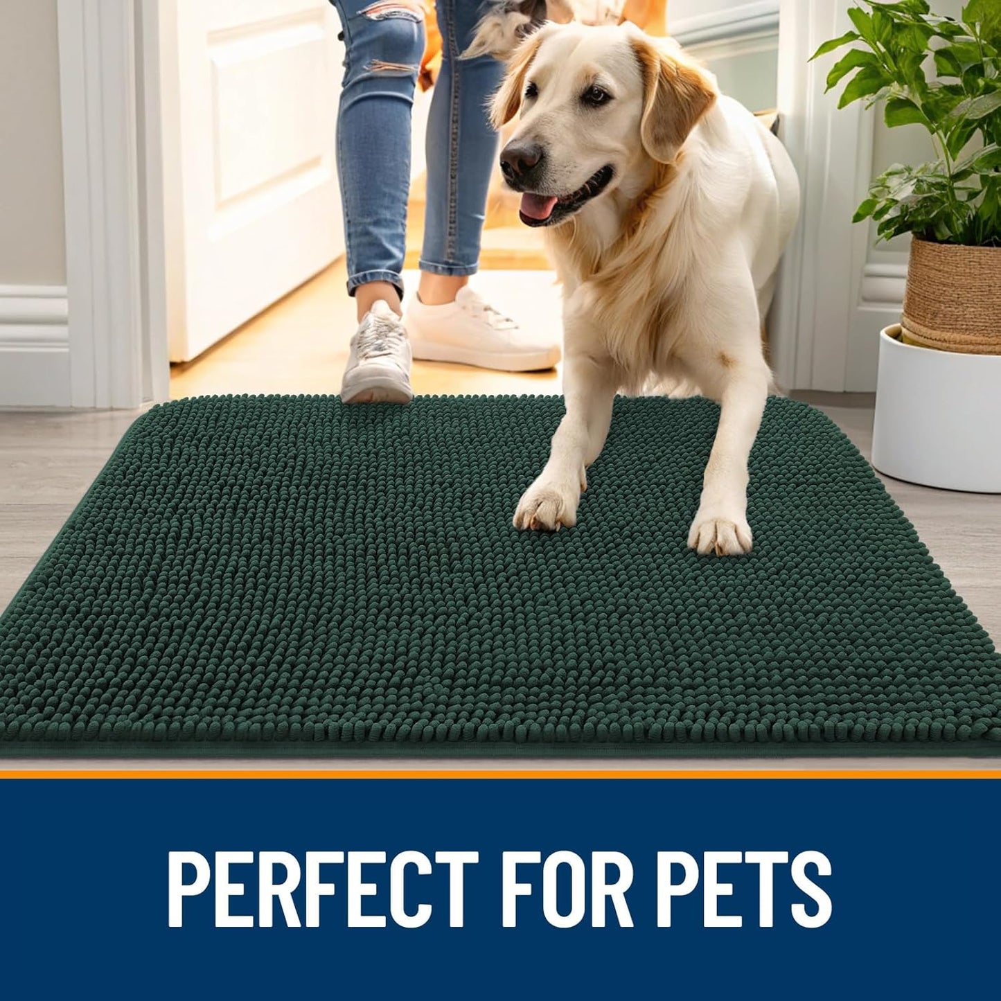 OLANLY Dog Door Mat - Absorbent Non-Slip Washable Doormat for Muddy Paws | 44x24, Blackish Green