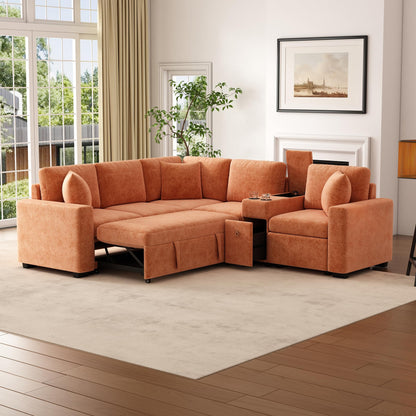 Merax 120.5" L-Shaped Sectional Sofa, Modular Convertible Couch Reversible Sleeper with Pull-Out Bed, Cup Holders, and Ample Storage for Living Room, Orange