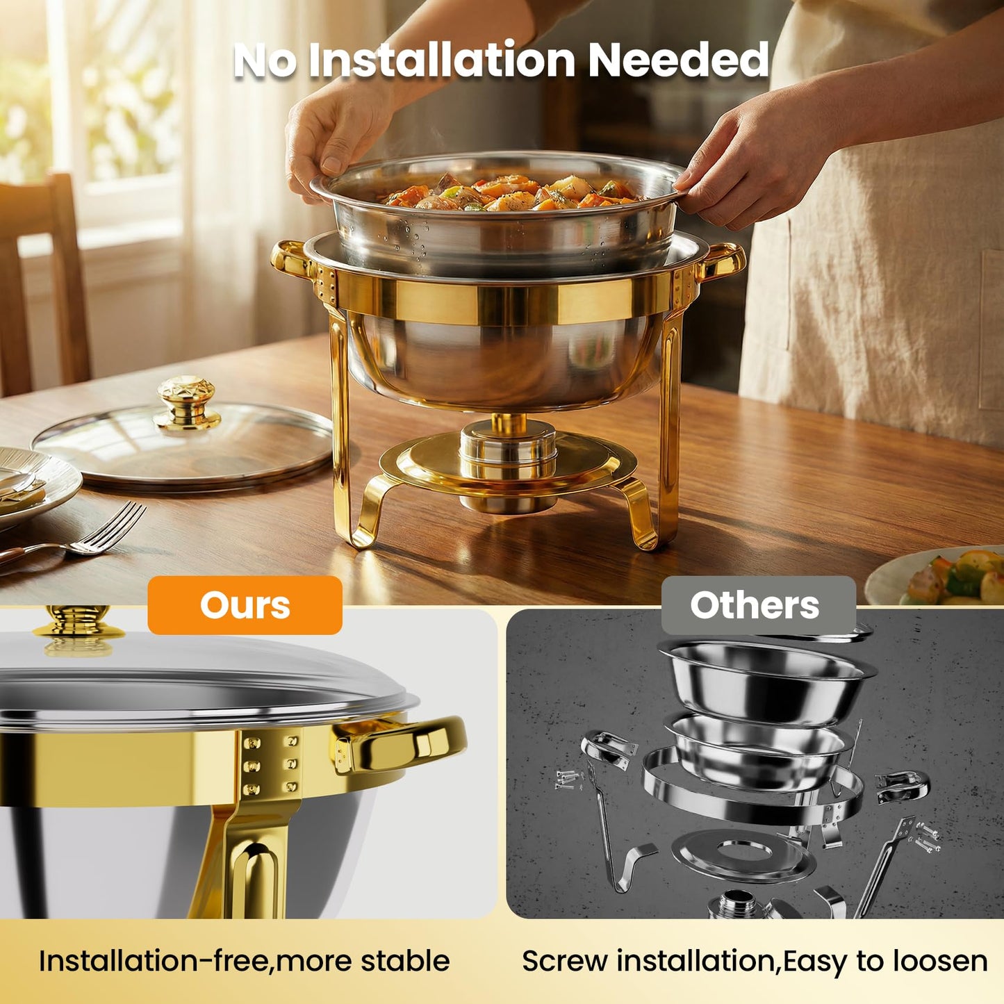 Gold Chafing Dishes for Buffet Set of 4 Pack, 6QT Round Buffet Servers and Warmers Set with 4 Spoons, 4 Slotted Spoons, 4 Tongs, 2 Gloves, Chafers and Buffet Warmers Sets for Wedding, Birthday,Party