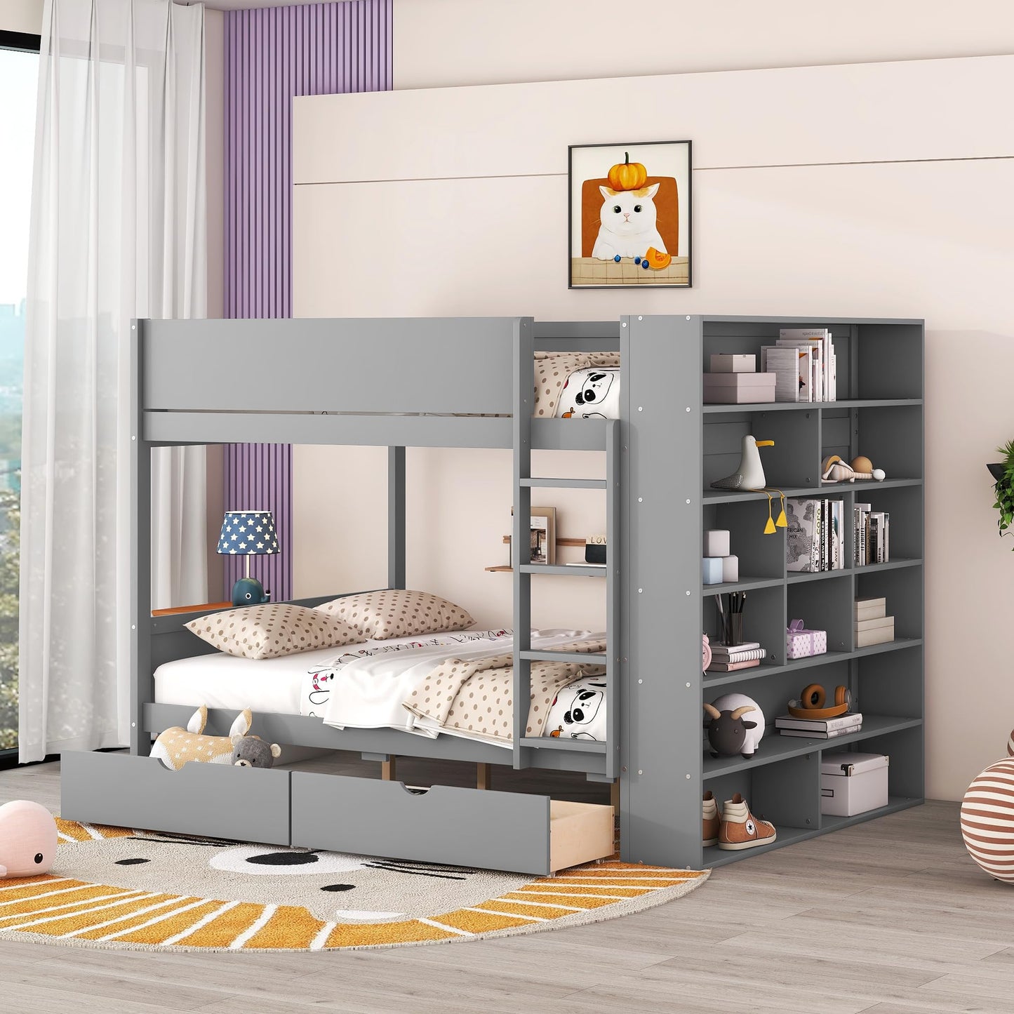 Merax Full Over Full Bunk Bed with 2 Drawers and Multi-Layer Cabinet, Gray